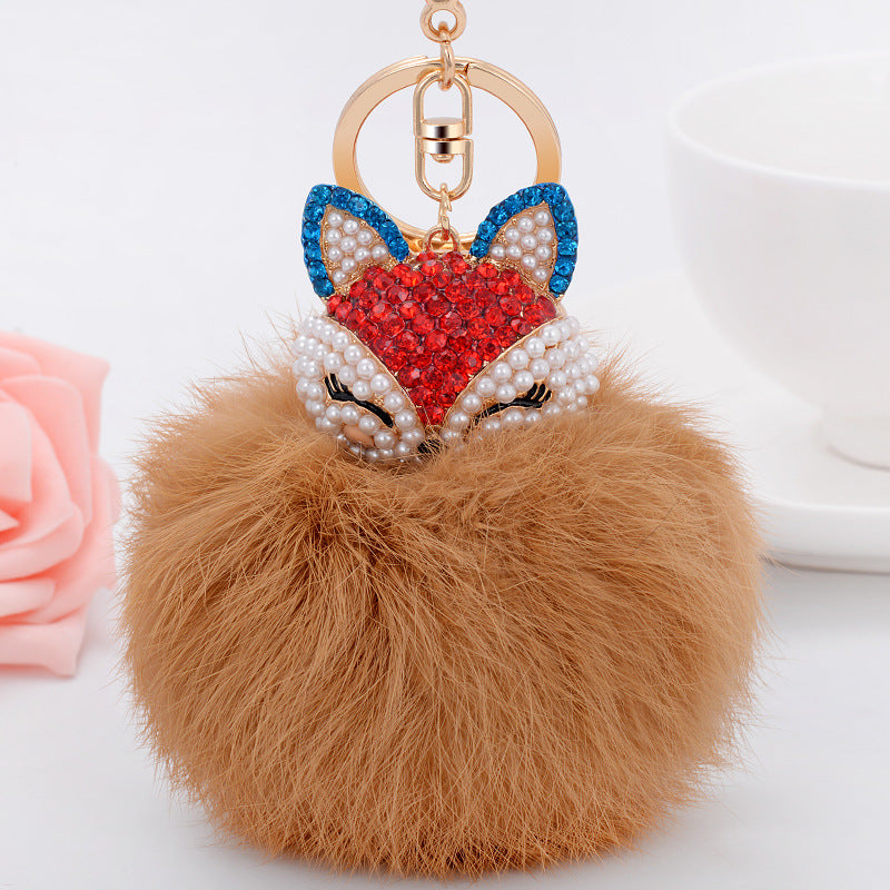Wholesale Diamond Fox Head Rabbit Hair Hairball Zinc Alloy Keychains